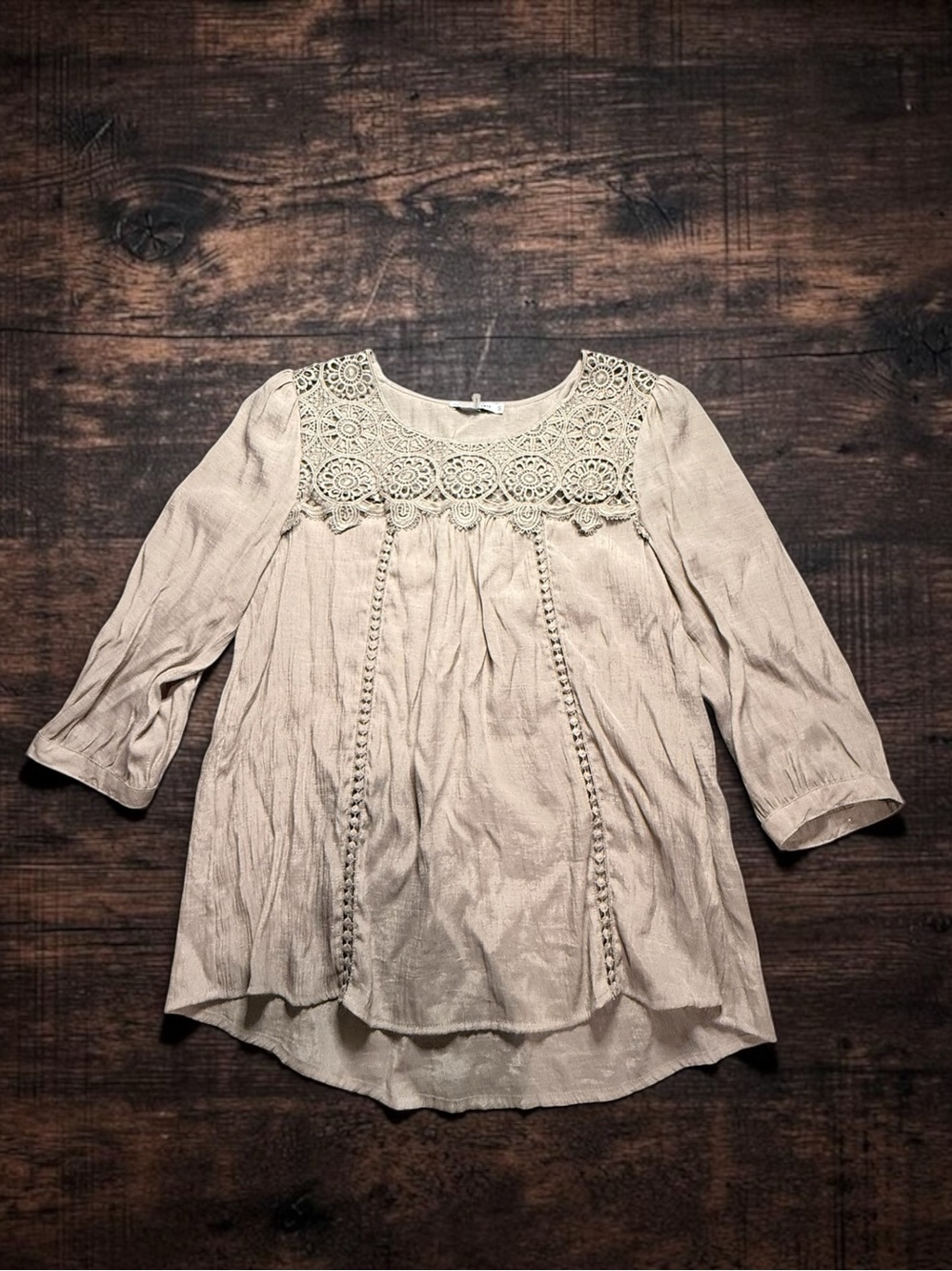 Women's Beige Crochet Yoke Blouse - Lightweight Boho Top
